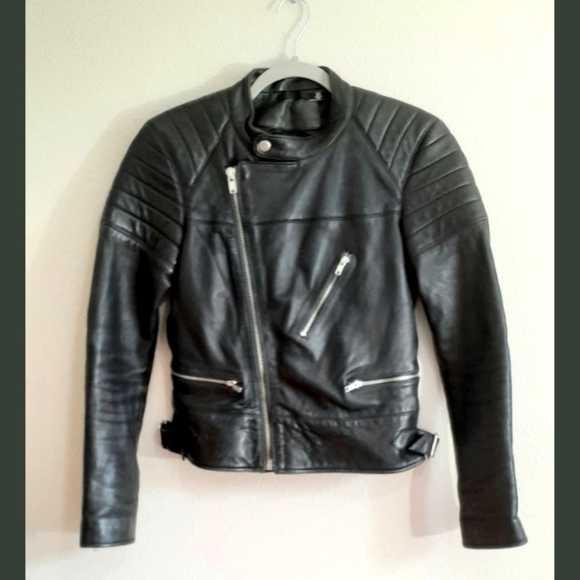 BLK DNM Leather Jacket Accordion Nehru Collar XS Padded Motorcyle Moto Chic - Picture 5 of 9